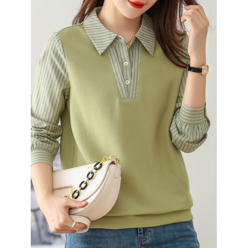 九月陌墨假兩件撞色條紋長袖襯衫拼接針織上衣女襯衣2024春秋新款