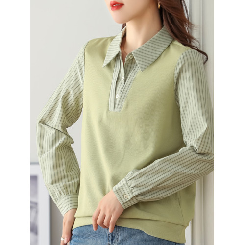 九月陌墨假兩件撞色條紋長袖襯衫拼接針織上衣女襯衣2024春秋新款