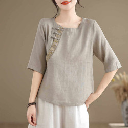 2026復古氣質大亞麻尺碼T恤中式上衣顯瘦素雅襯衫棉麻半袖女