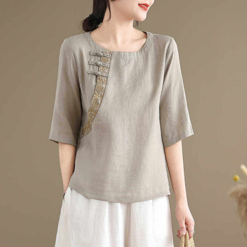 2026復古氣質大亞麻尺碼T恤中式上衣顯瘦素雅襯衫棉麻半袖女