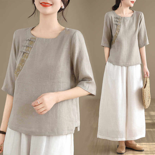 2026復古氣質大亞麻尺碼T恤中式上衣顯瘦素雅襯衫棉麻半袖女