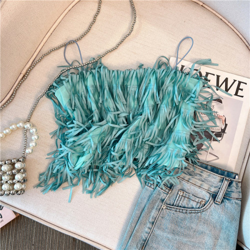 專櫃撤廻剪標名媛性感流蘇吊帶背心女夏季新款外穿超漂亮別致上衣