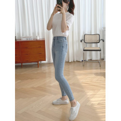 淺色小腳牛仔褲女秋季大碼彈力高腰顯瘦九分小個子修身緊身褲子潮