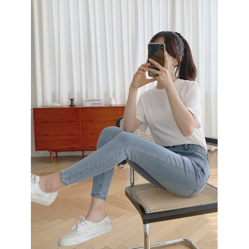 淺色小腳牛仔褲女秋季大碼彈力高腰顯瘦九分小個子修身緊身褲子潮