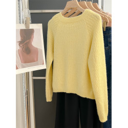 大牌春秋薄款黃色羊毛針織開衫浣熊絨軟糯慵懶風圓領毛衣外套