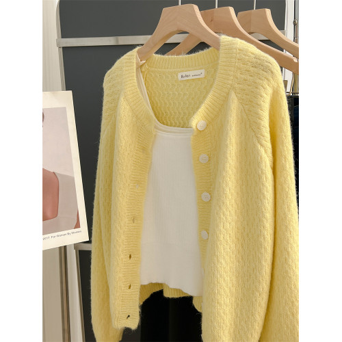 大牌春秋薄款黃色羊毛針織開衫浣熊絨軟糯慵懶風圓領毛衣外套