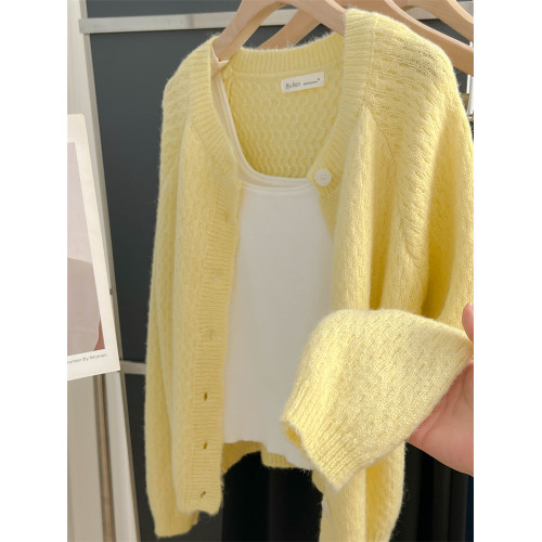 大牌春秋薄款黃色羊毛針織開衫浣熊絨軟糯慵懶風圓領毛衣外套