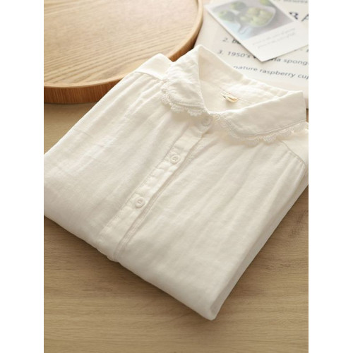 2025春季百搭雙層棉紗長袖襯衫女小清新蕾絲花文藝純棉柔軟白襯衣