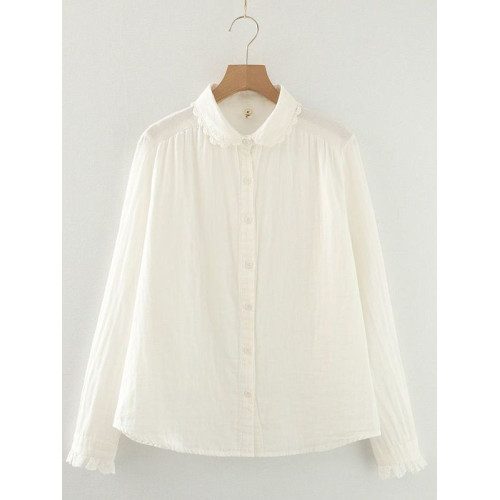 2025春季百搭雙層棉紗長袖襯衫女小清新蕾絲花文藝純棉柔軟白襯衣