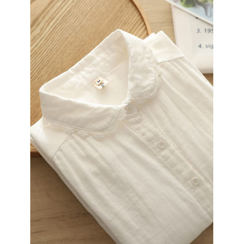 2025春季百搭雙層棉紗長袖襯衫女小清新蕾絲花文藝純棉柔軟白襯衣