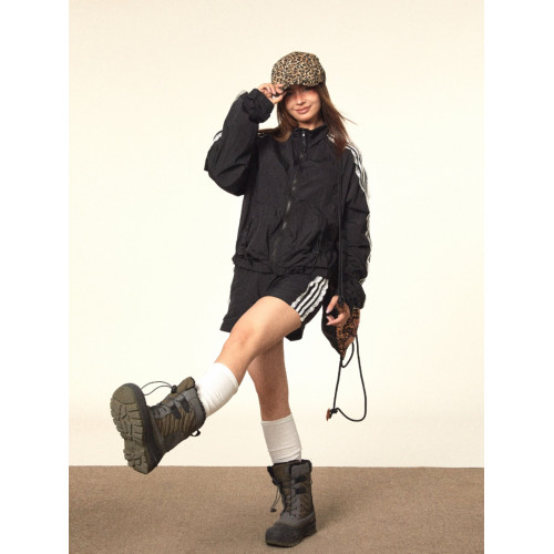 BLACKBB/蕾絲拼接拉鍊外套三條杠防曬衫運動套裝美式復古熱褲女夏