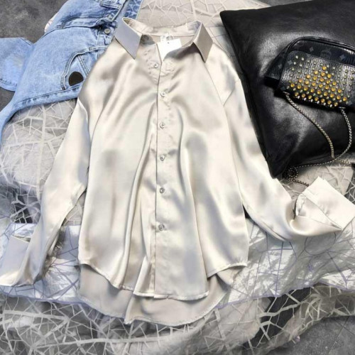 襯衫女長袖2025新款秋冬季三醋酸綢緞面真絲打底內搭上衣垂感外套