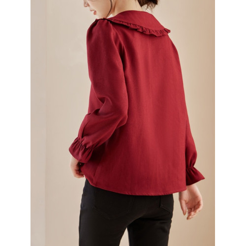 娃娃領復古風襯衫2025秋冬季新款時尚喇叭袖休閒百搭新年紅襯衣女