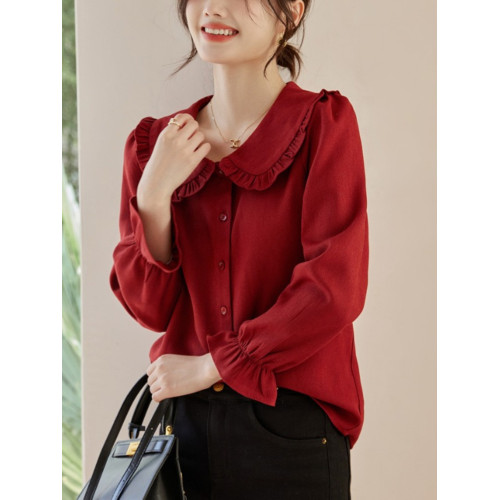 娃娃領復古風襯衫2025秋冬季新款時尚喇叭袖休閒百搭新年紅襯衣女