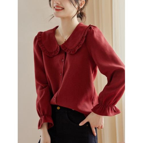 娃娃領復古風襯衫2025秋冬季新款時尚喇叭袖休閒百搭新年紅襯衣女