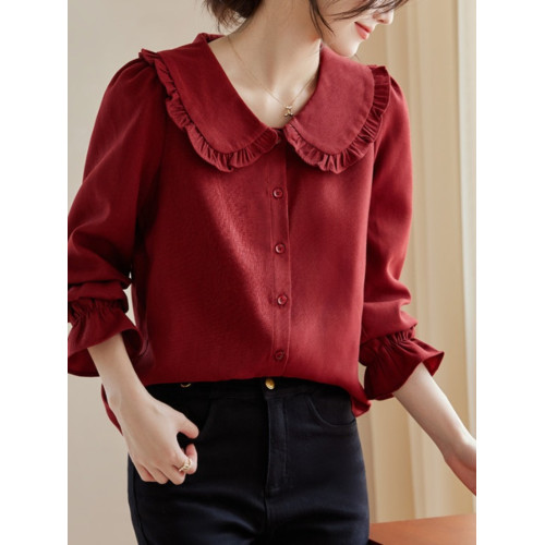 娃娃領復古風襯衫2025秋冬季新款時尚喇叭袖休閒百搭新年紅襯衣女