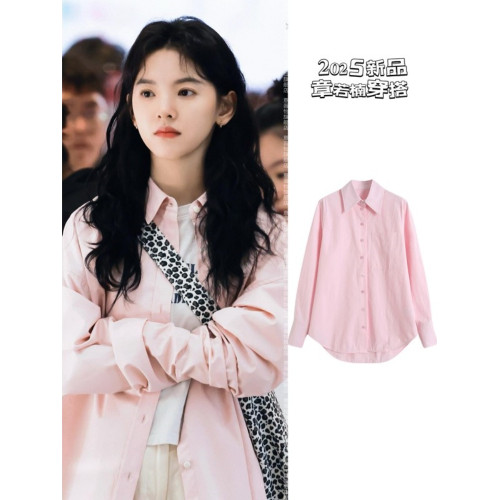 Ootd章若楠穿搭粉色襯衫2025春夏新款襯衣設計感小衆慵懶防曬外套