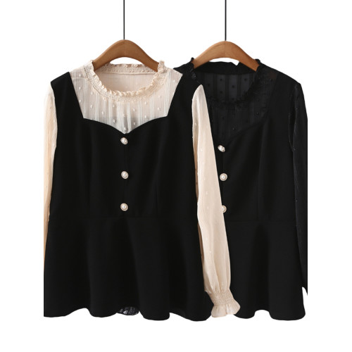 春秋韓版新款時尚法式假兩件拼接襯衫大碼寬鬆遮肚子顯瘦長袖小衫