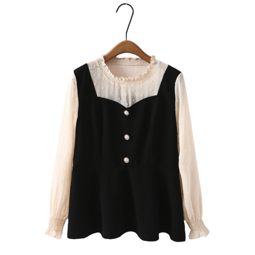 春秋韓版新款時尚法式假兩件拼接襯衫大碼寬鬆遮肚子顯瘦長袖小衫