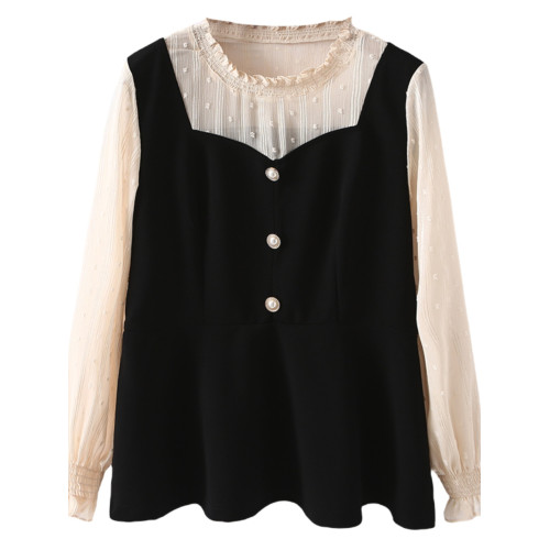 春秋韓版新款時尚法式假兩件拼接襯衫大碼寬鬆遮肚子顯瘦長袖小衫