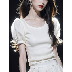 法式氣質輕奢風白色圓領泡泡袖T恤女夏季款別致簡約超好看小上衣