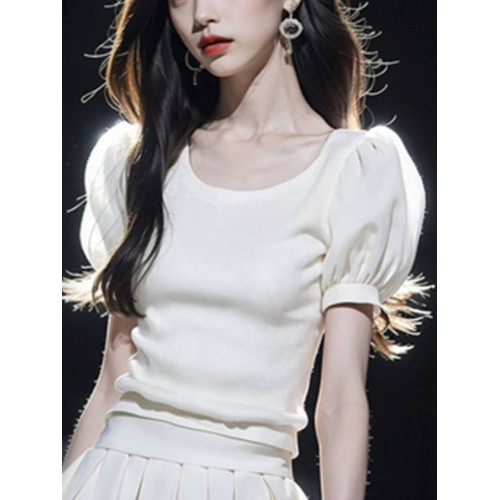 法式氣質輕奢風白色圓領泡泡袖T恤女夏季款別致簡約超好看小上衣