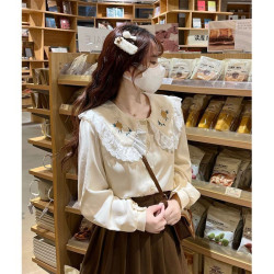 甜美刺綉田園風加絨襯衫女秋冬季新款娃娃領燈芯絨花邊領加厚上衣