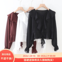 C06080日單新款客供料荷葉邊系帶微寬鬆顯瘦女甜美氣質喇叭袖襯衫