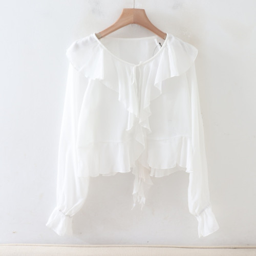 C06080日單新款客供料荷葉邊系帶微寬鬆顯瘦女甜美氣質喇叭袖襯衫