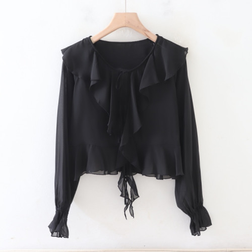 C06080日單新款客供料荷葉邊系帶微寬鬆顯瘦女甜美氣質喇叭袖襯衫