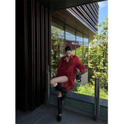 Turn right/陳大腿 氣質微透防曬慵懶廓形襯衫女夏紅色長款襯衣秋