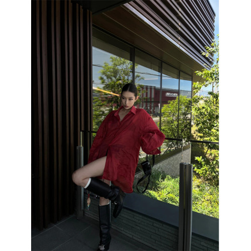 Turn right/陳大腿 氣質微透防曬慵懶廓形襯衫女夏紅色長款襯衣秋