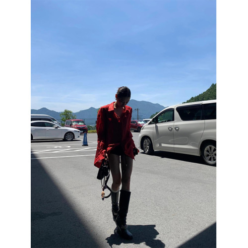 Turn right/陳大腿 氣質微透防曬慵懶廓形襯衫女夏紅色長款襯衣秋