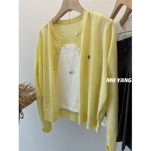 春季薄款黃色刺綉針織開衫外套軟糯圓領百搭顯瘦氣質羊絨長袖上衣