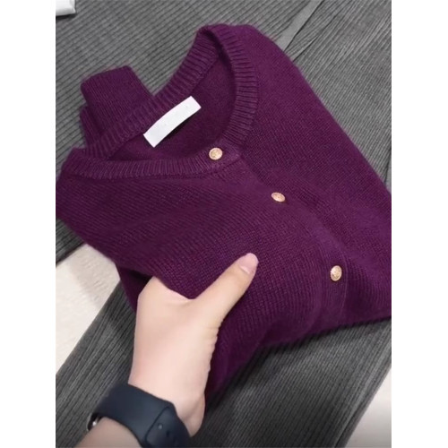 歐貨高級感超好看葡萄紫色針織開衫上衣女秋冬季軟糯圓領毛衣外套