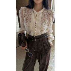 法式小香風單排釦甜美鏤空鉤花長袖蕾絲衫女2025秋季新款時尚上衣