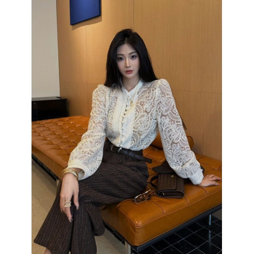 法式小香風單排釦甜美鏤空鉤花長袖蕾絲衫女2025秋季新款時尚上衣