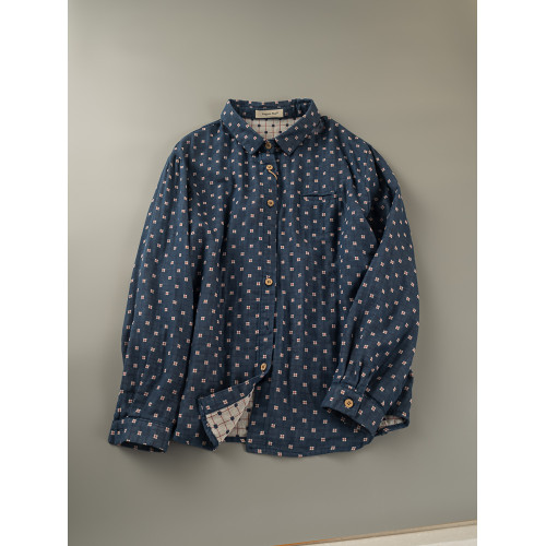 2023秋季新款韓版寬鬆休閒百搭文藝格紋雙層棉紗長袖襯衫女上衣潮