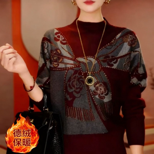 設計感時尚印花長袖德絨打底衫女士秋冬新款寬鬆顯瘦百搭保暖上衣