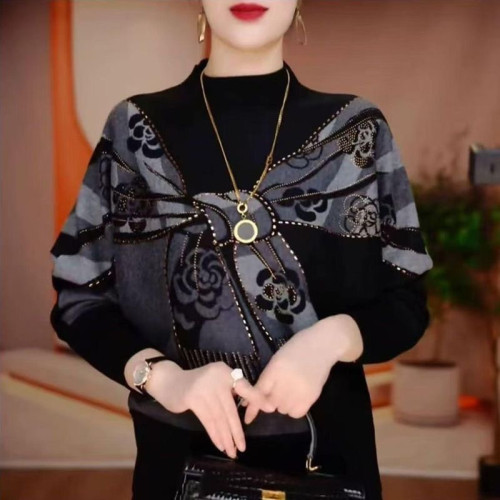 設計感時尚印花長袖德絨打底衫女士秋冬新款寬鬆顯瘦百搭保暖上衣