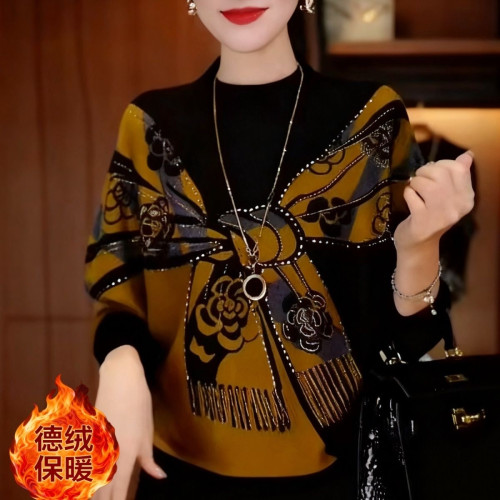 設計感時尚印花長袖德絨打底衫女士秋冬新款寬鬆顯瘦百搭保暖上衣