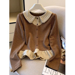 法式格子荷葉邊襯衫上衣女秋冬氣質好看寬鬆顯瘦設計感假兩件長袖