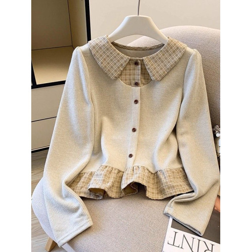 法式格子荷葉邊襯衫上衣女秋冬氣質好看寬鬆顯瘦設計感假兩件長袖