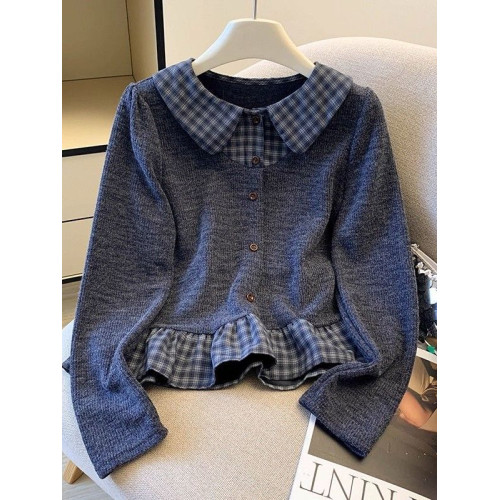 法式格子荷葉邊襯衫上衣女秋冬氣質好看寬鬆顯瘦設計感假兩件長袖