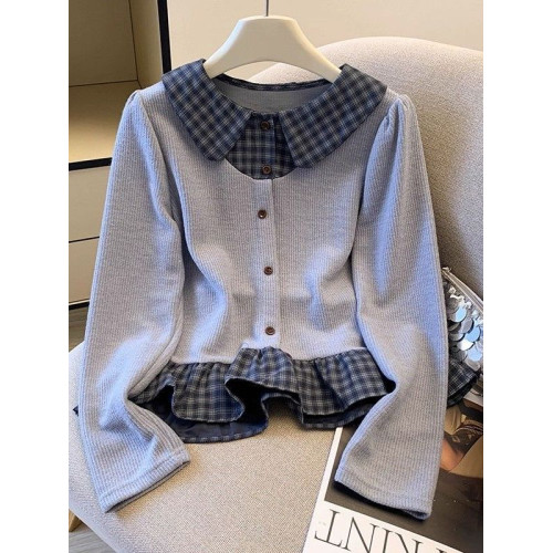 法式格子荷葉邊襯衫上衣女秋冬氣質好看寬鬆顯瘦設計感假兩件長袖