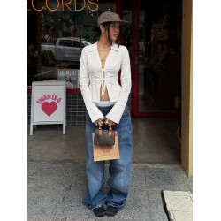 DARLINGAGA法式簡約純色百搭繙領襯衫女系帶鏤空修身收腰露臍上衣