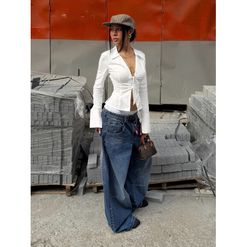 DARLINGAGA法式簡約純色百搭繙領襯衫女系帶鏤空修身收腰露臍上衣