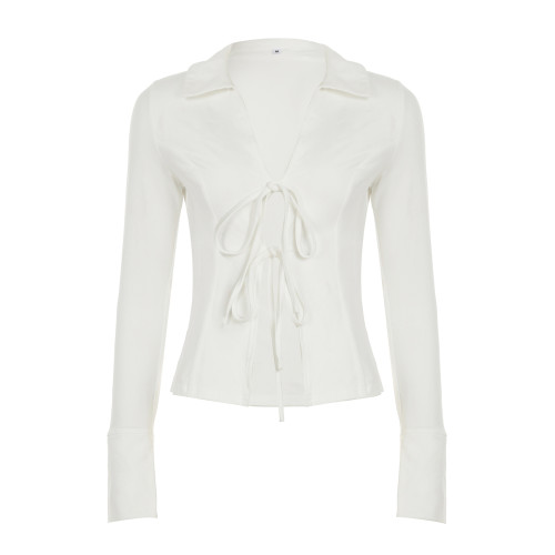 DARLINGAGA法式簡約純色百搭繙領襯衫女系帶鏤空修身收腰露臍上衣