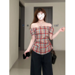 大碼法式方領辣妹襯衫女夏季新款高級感格子襯衣胖MM遮肉顯瘦上衣