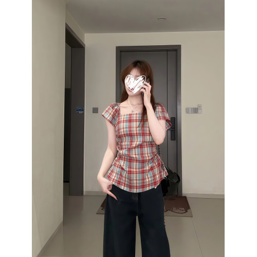 大碼法式方領辣妹襯衫女夏季新款高級感格子襯衣胖MM遮肉顯瘦上衣